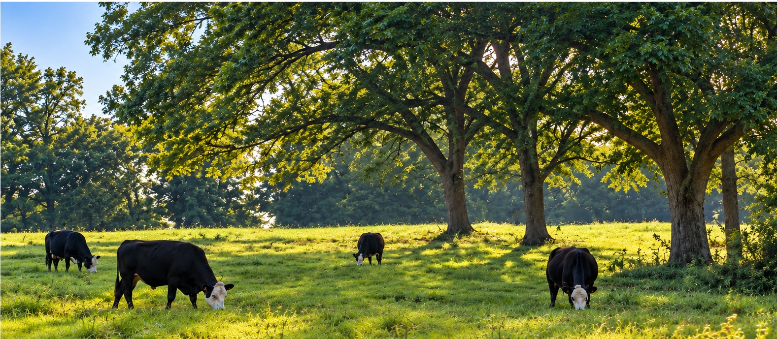 Black and white-faced Windchaser cattle grazing beneath pecan trees